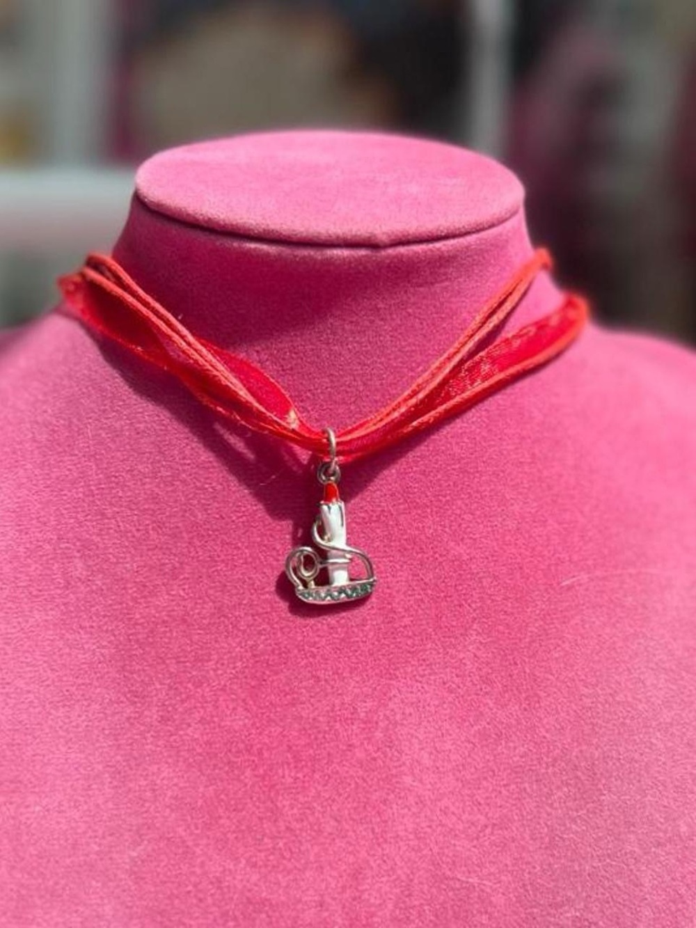 Vintage silly candle charm pendant on red ribbon necklace
